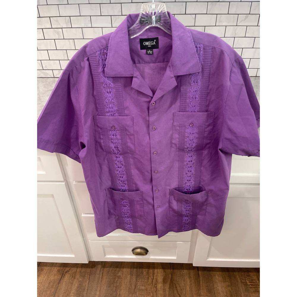 Vintage Omega Guayabera Shirt Mens L Purple Cuban Embroidery Pocket Cotton Poker